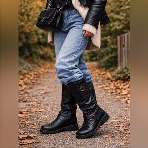Fly London MES 2 Black Leather Mid-Calf Lug Sole Wedge Boots | EU 38